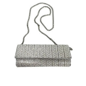 STARLET Chain Strap Silver Rhinestone & Faux Pearl Clutch Evening Bag Prom READ